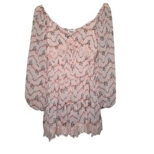 Trixxi Floral Lace Trim Tiered Ruffle Chiffon Mini Dress Pink Size Medium